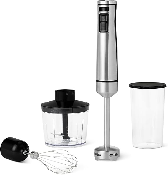 Amazon Basics 1000W Immersion Hand Blender, Multi-Speed, with Accessories, Corded, Silver