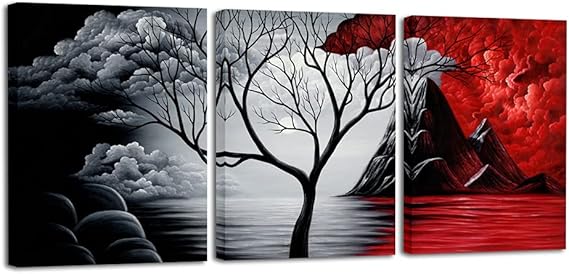 Wieco Art - The Cloud Tree Large 3 Panels Modern Stretched and Framed Giclee Canvas Prints Abstract Seascape Paintings Reproduction Sea Beach Pictures on Canvas Wall Art for Bedroom Home Decorations