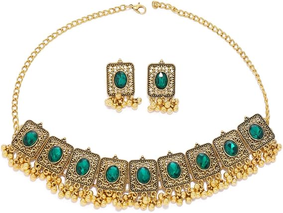IMINI Vintage Bollywood Jewellery Set for Women - Oxidised Gold-Toned Cubic Zirconia Choker Necklace & Dangle Earrings with Crystal Beads – Adjustable Ethnic Wedding Party Gift for Her