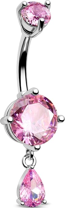 CM Crareesi Mania Dangle Teardrop Belly Button Bars 14G Stainless Steel Belly Button Piercing Jewellery Sterling Silver Gold Belly Bars CZ Navel Piercing Jewellery for Women