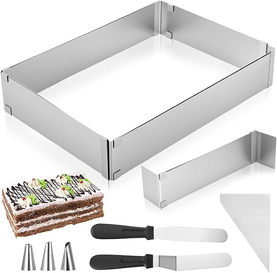 Rectangular Adjustable Baking Frame with Divider Adjustable Cake Ring Stainless Steel Square Baking Mould Rectangular Baking Frame Square Adjustable Baking Tray for Cakes Pizzas Tarts with