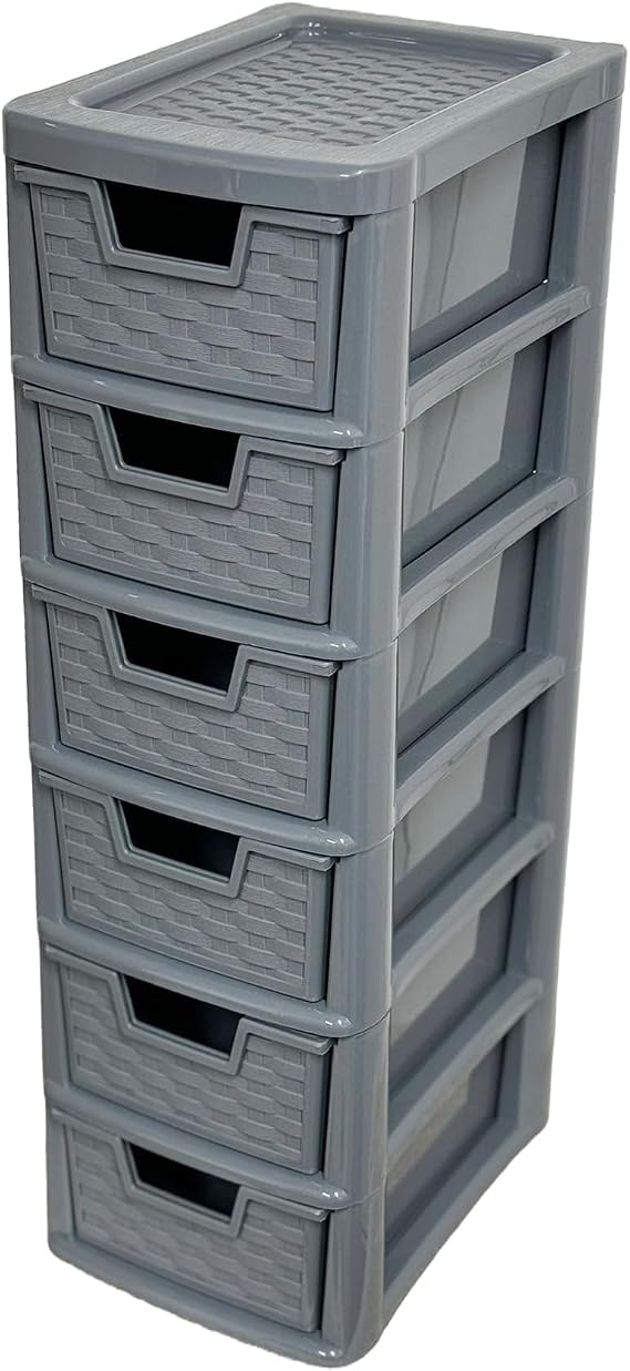 Mini Plastic Storage Drawers 6 Drawer Unit Small Drawer Tower Home Kitchen Craft Modular storage unit Office Desktop Storage Stationary Drawers (6 Drawers Mini Rattan Grey)