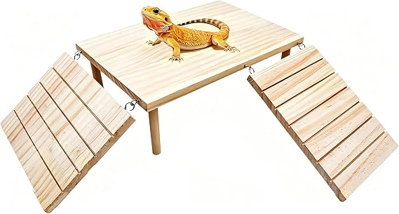 Bearded Dragon Basking Platform, Wooden Reptile Ramp with Hideout
