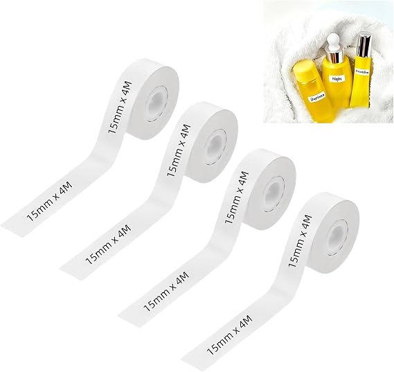 4pcs Waterproof Label Maker Tape - Self-Adhesive Labels for DIY Marking of Name Price Shelf Life & Classification Thermal Label Paper (15mmx4m/Roll)