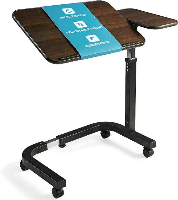 Eazy Overbed Table with Wheels U Shaped Base Height Adjustable Gas Lever Extra Wide Base Tilting Wood Top Heavy Duty Carbon Steel for Elderly Care Recovery Disabled and Home Use