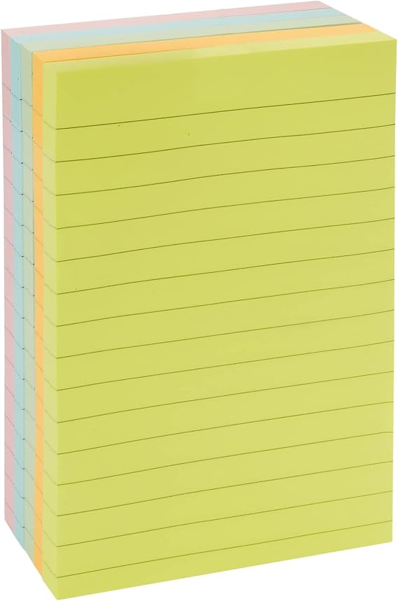 Amazon Basics Sticky Notepads, Lined Paper, 4 x 6 Inches, Rectangular, Pack of 5, Assorted Colours