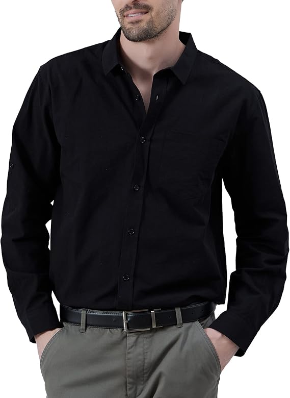 Men's Button Down Long Sleeve Linen Shirts, Black, Large