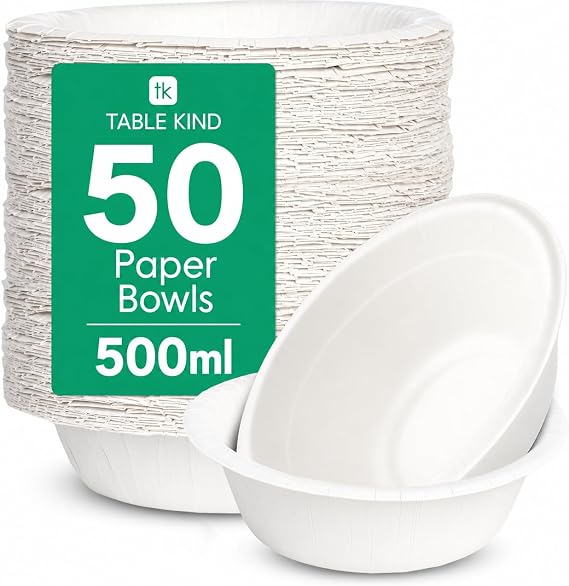 Table Kind 50 x Disposable Paper Bowls Bulk Pack for Camping Catering Daily Use Salads Desserts Cereal Birthday Parties 23 cm Made in EU