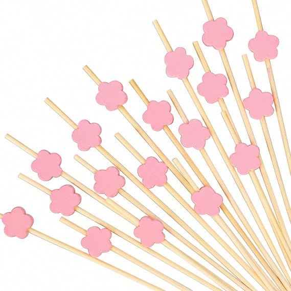 100Pcs 4.7" Pink Flower Cocktail Picks, Bamboo Toothpicks Appetizer Skewers