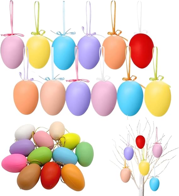 50Pcs Easter Eggs Decorations, Easters Tree Hanging Plastic Ornaments Hanging Plastic Eggs Ornament for DIY Crafts Party Home Decor Easter Gift (50Pcs Colorful)