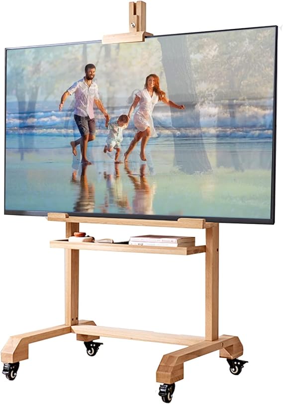 Mobile TV Floor Stand/Cart with Lockable Wheels & Storage Shelf, Wood Freestanding Rolling Multi-function Easel Display Rack, Space Saving