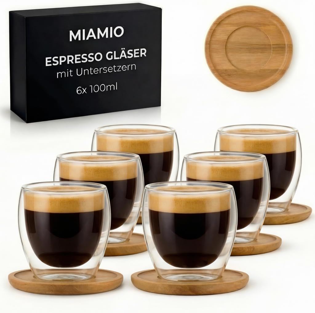 MIAMIO - Espresso Cups Set of 6 / Double-Walled Espresso Glasses / without Handle / with Coasters / Glass / Thick Walled / Made of Borosilicate Glass (100 ml)