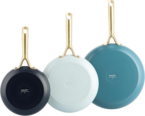 GreenPan Shades Ceramic Non-Stick 3-Piece Pan Set, Ø 7.9/9.4/11 inch, PFAS Free, Induction Safe, Gold Stainless Steel Handle, Dishwasher and Oven Safe, Coastal