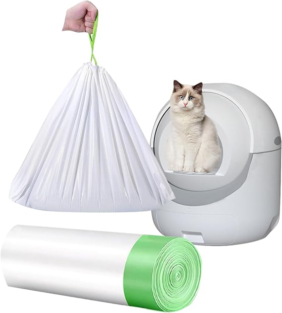 猫用引き紐付きトイレライナー 26.75×16.7インチ ホワイト 猫砂 ゴミ袋 うんち袋 セルフクリーニングトイレ/猫砂/パン用トレイ ペット猫用品グリーンの巾着20個 20個