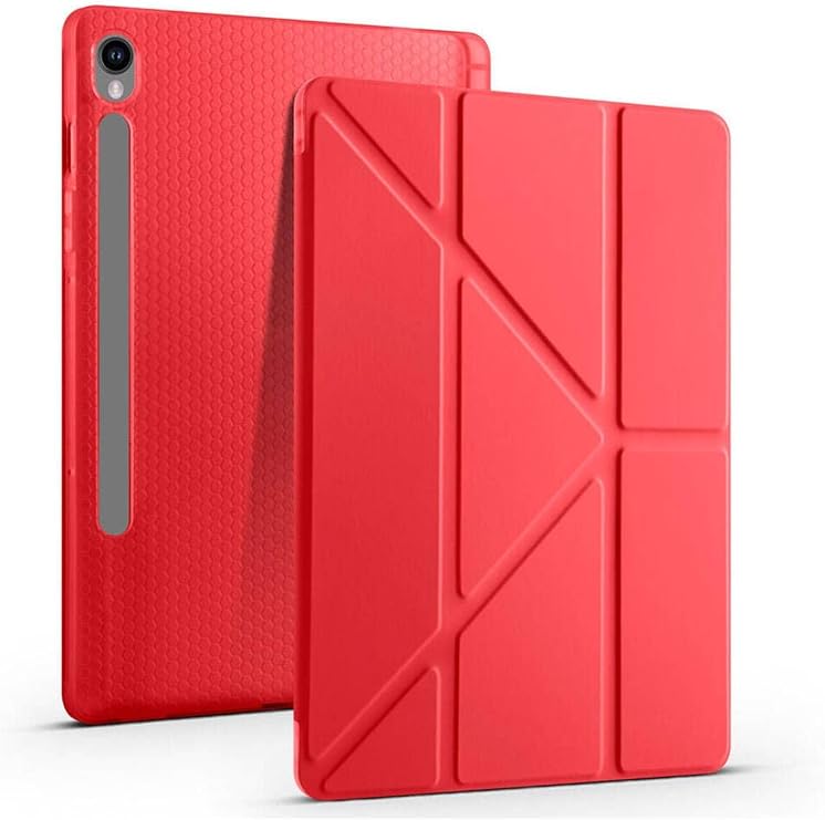M.TK moveteck Samsung Galaxy Tab S9 Kılıf Kalem Bölmeli Standlı Pu Deri Yumuşak Silikon +Kalem Sm-X710 X510 11 inç, Kırmızı, Tek Ebat, SS9-11-trifolding-red123