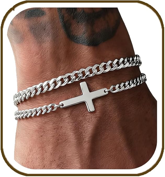 RANKEEF 2/3Pcs Mens Silver Bracelets with Cross Mens Bracelets Set
