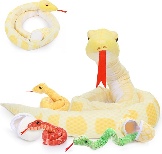 MorisMos Large Giant Plush Snake Cuddly Toy XXL 200 cm Long Yellow Cuddly Snake with 3 Babies in the Belly Giant Cobra Plush Toy as a Gift for Children
