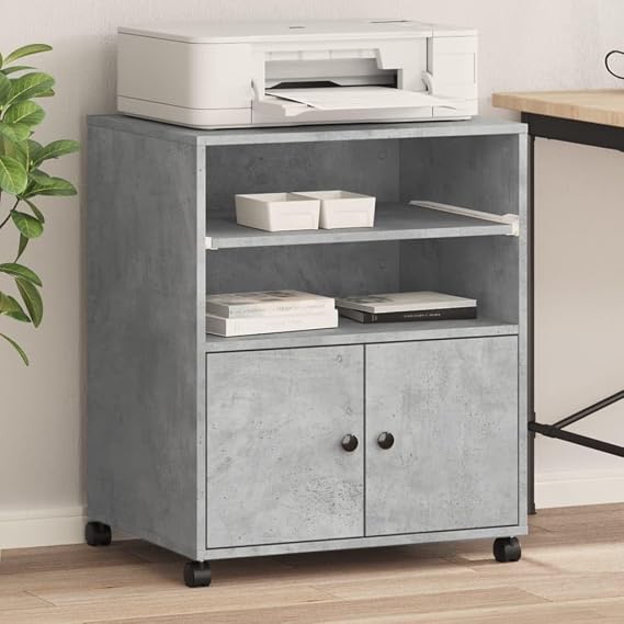 Printer Stand with Wheels Concrete Grey 60 x 48 x 74 cm Versatile Office Organiser with Storage Space, Mobile, Height Adjustable, Made of Wood Material, Suitable for Office, Home Office