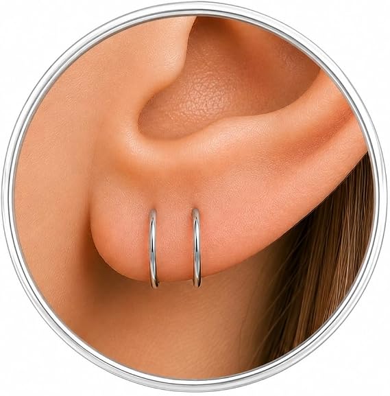 Sterling Silver Hoop Earrings for Women – Small Thin Silver Hoops 7mm – Minimalist Huggie Earrings for Lobe Helix & Cartilage Piercings