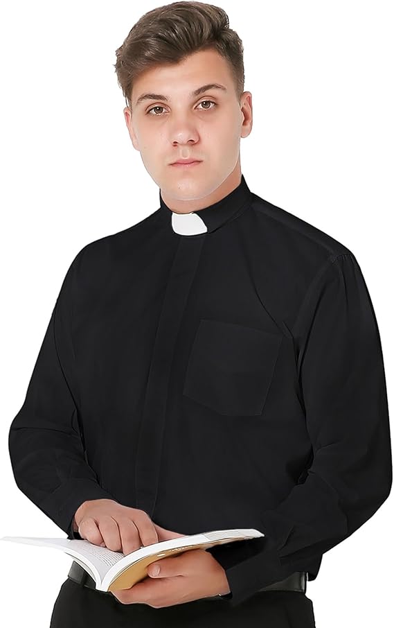 IvyRobes Clergy Shirt Men Priest Clerical Shirts Long Sleeves with Free Slip-in Tab Collar 5 Colors