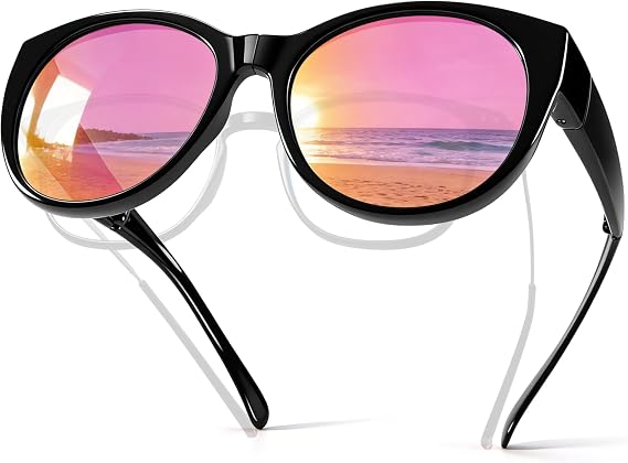 TINHAO Foldable Fit-Over Sunglasses Women Polarised UV400 Cat Eye, Wear Over Prescription Glasses Up to 13.5×5cm, Face Slimming Retro Style, Beach Golf Fishing Outdoor, Pouch & Strap Included