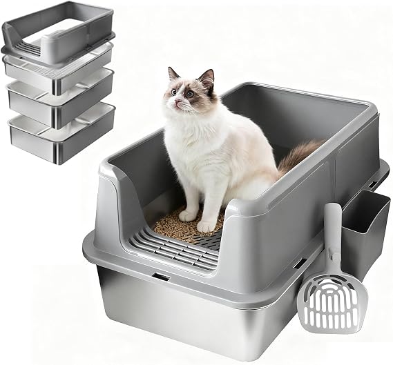 Stainless Steel Litter Box for Pine Pellets and Clay Litter, 24" x 16" x 12" Extra Large Cat Litter Box, High Side Metal Litter Box for Big Cats(2 Storage Pans&1 Sift Pan)