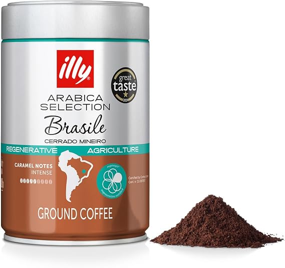 illy Ground Coffee, Brazil Cerrado Minero Single Origin, 100% Arabica, Regenerative Agriculture Certified, Ideal for Moka Pots, 250g Tin
