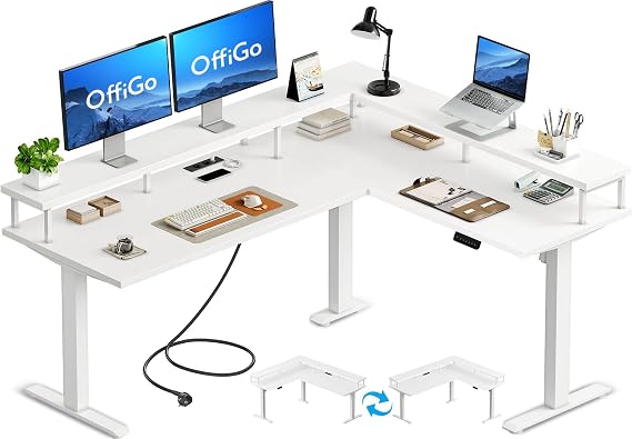 OffiGo Corner Desk Height Adjustable 150 x 120 cm Height Adjustable Desk with Socket Electric Desk L Shape with Monitor Stand White