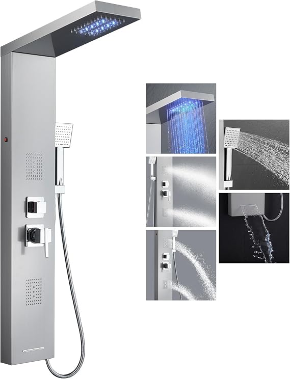 5-in-1 Shower Tower Panel, Rainfall LED, Silver Stainless Steel