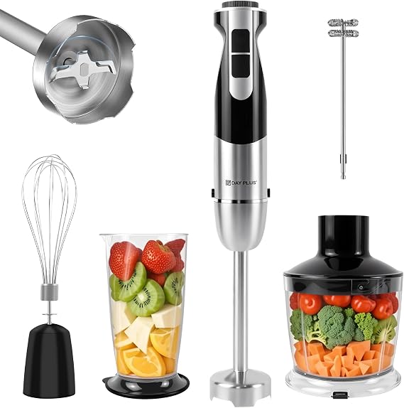 Hand Blenders for Kitchen with Whisk, 500ml Chopper and 600ml Measuring Cup, 800W Powerful Hand Held Blender Electric, 12 Speed Adjustable, Stainless Steel Food Processor for Soup, Easy to Clean
