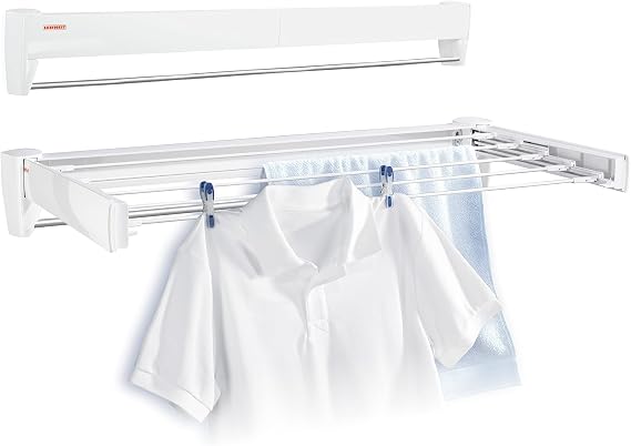 Leifheit Telegant 36 Protect Plus Duvar Kurutucu, Çekilebilir, Yerden Tasarruf Sağlayan Duvar Kurutucu, Duvar İçin Çamaşır Kurutma Askısı, Havlu Çubuğu Dahil