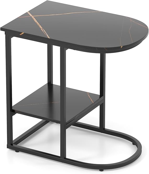 COSTWAY C Shaped Side Table, Modern Faux Marble/Industrial Nightstand Bedside End Table with Storage Shelf, 2-Tier Metal Frame Overbed Snack Sofa Tables for Living Room Bedroom (Black)