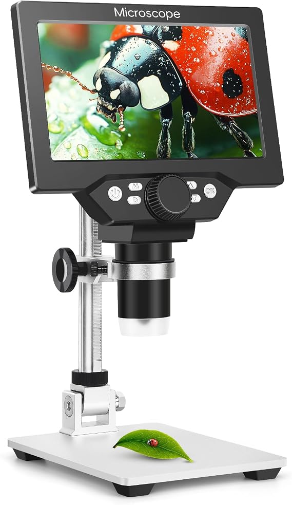 12mp 1080pカメラ付き7インチlcdデジタル顕微鏡、8つのledライト&メタルスタンド、コイン、切手、はんだ付け&pcビュー用の超正確な焦点、50-1200倍の倍率