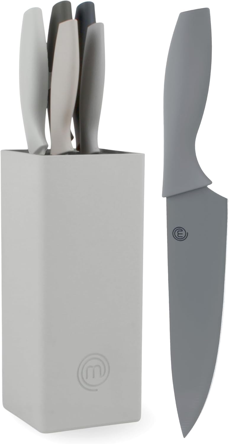 MasterChef Juego de Cuchillos de Cocina con Soporte Taco Universal con Set para Pan, Cebollero, Chef, Carne y Pelar, en Acero Inoxidable, Colección Tierra, 5 Piezas