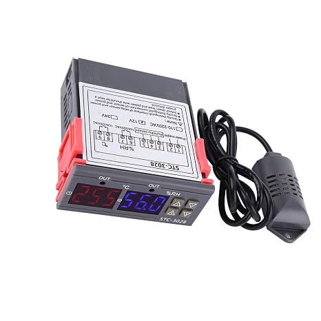 Temperature Humidity Controller, Digital Dual Screen Adjustable Thermostat Meter with Integrated Sensor 12V Wide Range Control for Incubator Terrarium ABS Flame Retardant Shell