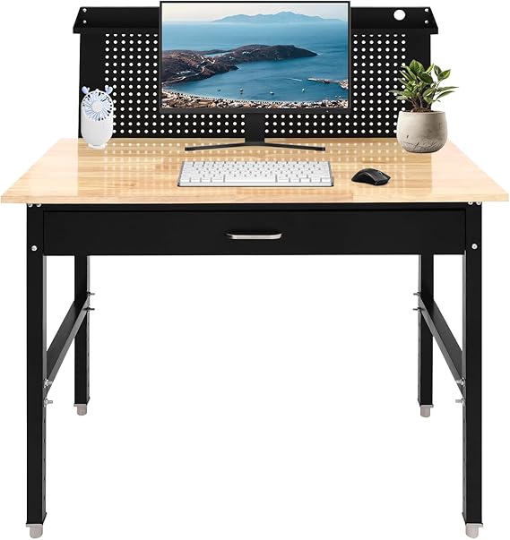 Work Bench with Pegboard, Heavy Duty Garage Workbench - Metal and Wooden Workbenches, Height Adjustable Workbench, Containing Storage Drawer, 2000 lbs Capacity, Black