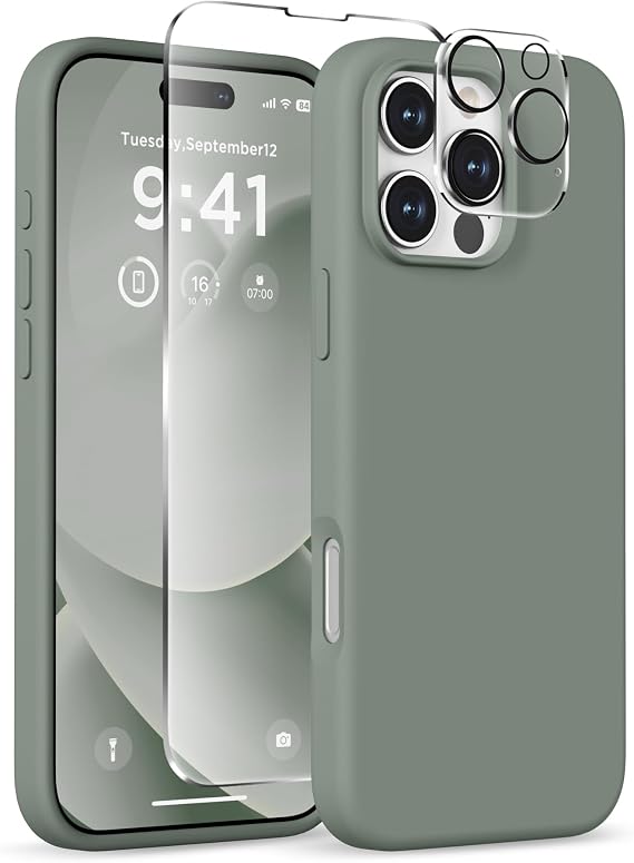 iPhone 16 Pro Max用磁気ケース、Magsafe、吸盤式電話マウント、スクリーンプロテクター2枚カメラプロテクターシリコン耐衝撃保護電話カバー6.9インチ、カルケグリーン