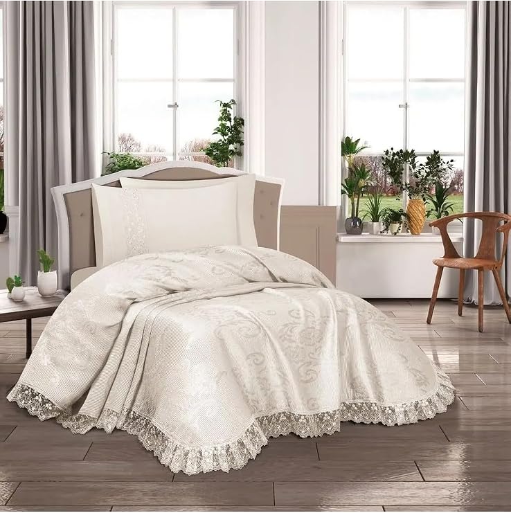 ARYA Tek Kişilik Yatak Örtüsü Seti, 150x240 cm, Krem, Cappuccino, Gri, Pudra, Yastık Kılıfı Dahil 50x70 cm (Krem)