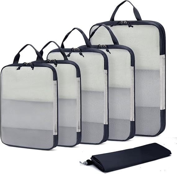 ECOHUB Travel Compression Packing Cubes, Recycled 6 Set Packing Cubes for Backpack Suitcases, Tear Resistant Mesh Travel Cubes with Shoes Bag, Washable Packing Organiser Expandable, Patent Pending