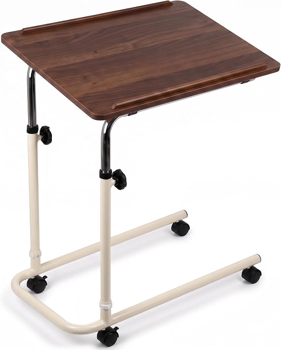 Eazy Overbed Table with Wheels, Adjustable height Bed Table for Laptop, Meals, and Elderly Care, Tilting Top with Raised Edges, Lockable Rolling Bed & Chair Table (Walnut & Cream- Wheels)