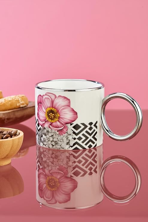 Cooker 200 ml Çiçek Desenli Gümüş Kulplu Porselen Kupa Bardak, Pembe