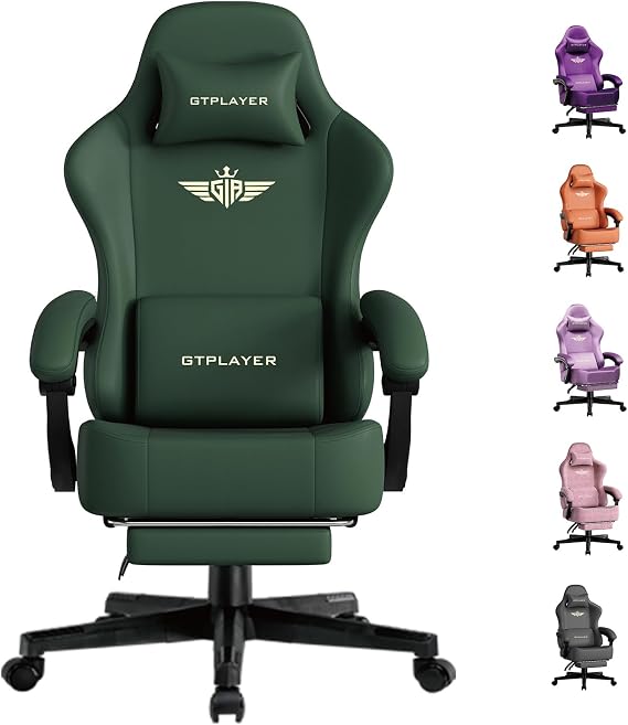 GTPLAYER Gaming Chair, Ergonomic Computer Chair with Footrest and Lumbar Support Height Adjustable Home Office with 360°-Swivel Seat and Headrest Green