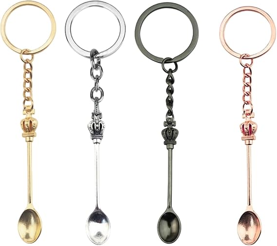 4PCS Mini Spoon Keyring, Tiny Little Spoons Keychain, Mini Crown Spoon with Keyring Teaspoon Necklace Pendant Key Ring, Charm Cute Backpack Pendant for Women Party Favors Accessory