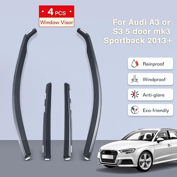 Wind Deflectors Compatible With Audi A3 or S3 MK3 2013-2019 5 Door Sportback 4pc Set, Tinted In-Channel Rain Guards for Wind, Rain & Sun Protection, Easy Installation, with 10pc Clips