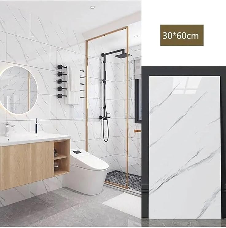 UKAB DEKOR Kendinden Yapışkanlı Beyaz Mermer Desen Pvc Panel 30x60cm Banyo Wc Mutfak