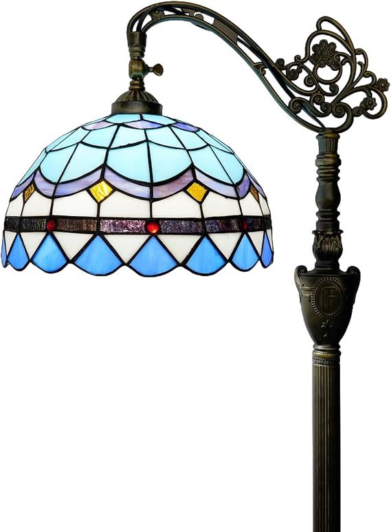 Tiffany Floor Lamp Vintage Standing Lamp Blue Mediterranean Style Stained Glass Floor Light Rustic Corner Gooseneck Floor Lamp with Adjustable Angle for Home Decor Living Room Bedroom 12X12X63 Inches
