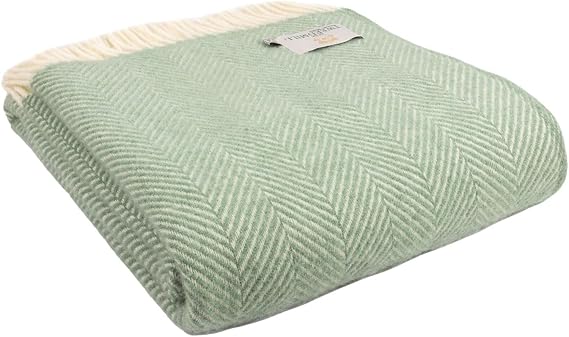 Tweedmill Textiles 100% Pure Wool Blanket Fishbone Design in Sea Green QUALITY