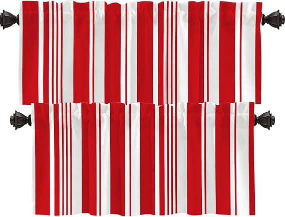 Shrahala Red Christmas Candy Cane Kitchen Valances, White Christmas Stripes Half Window Curtain Window Treatment Multilayer Polyester Blackout for Living Room Bathroom 2 Pack 52 x 16 in
