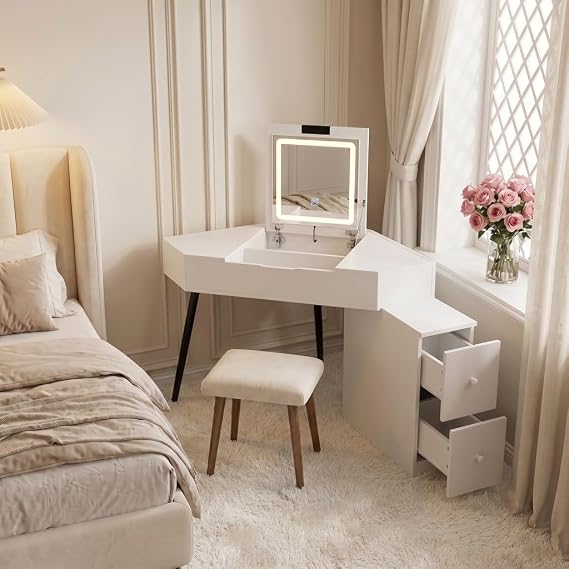 Corner Dressing Table, Flip-Top 3-Colour LED Mirror, White