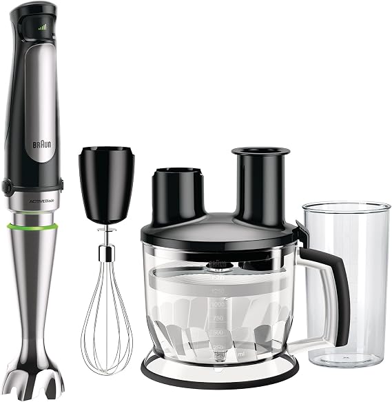 Braun MultiQuick 7 MQ 7075X el blenderi, ActiveBlade teknolojisine sahip çıkarılabilir paslanmaz çelik blender ayağına sahip el blenderi, 3 parçalı aksesuar seti dahil, 1000 watt, siyah